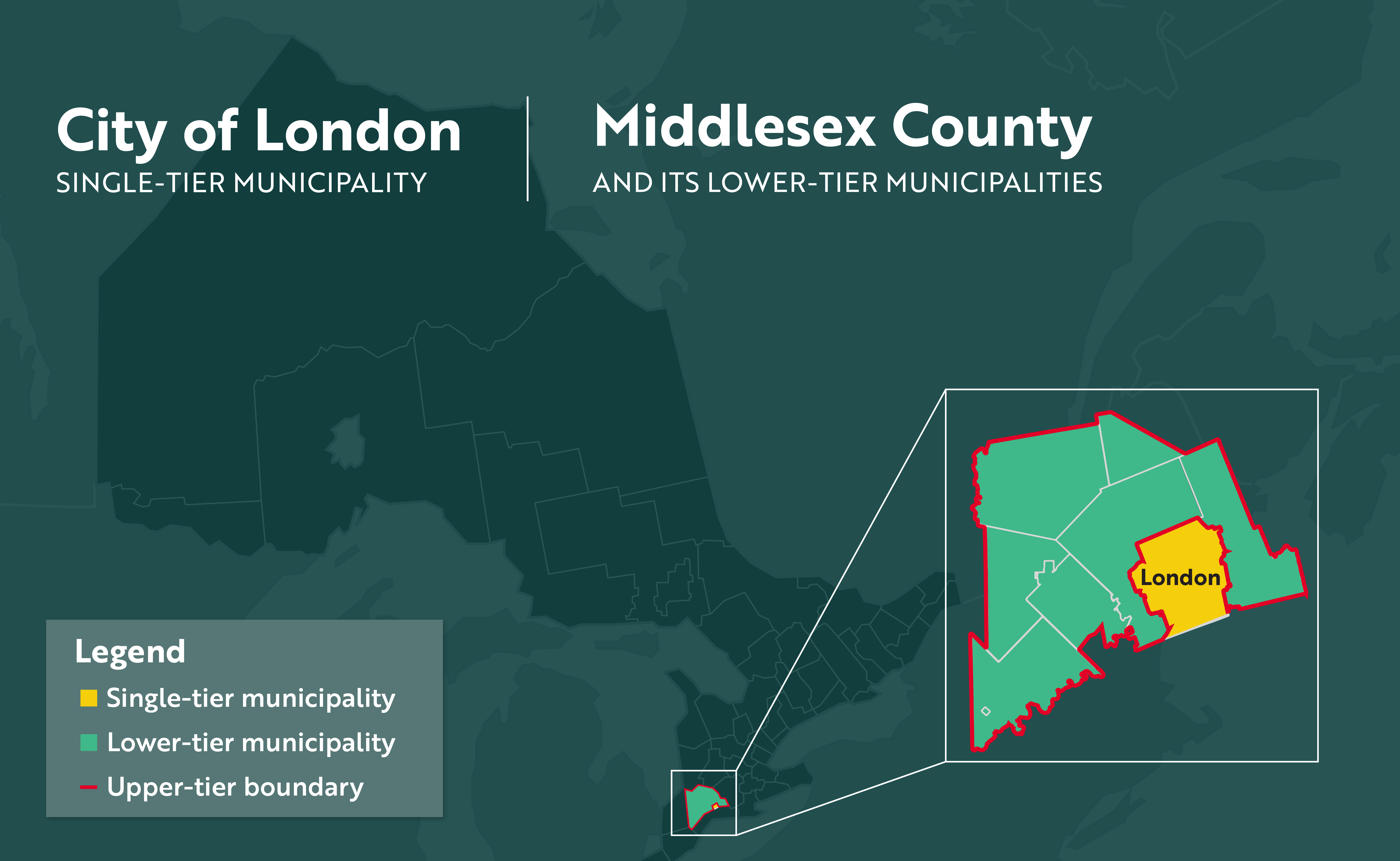 A map of Middlesex County and the City of London overlayed on a map of Ontario. The City of London is indicated as a single-tier municipality, while the surrounding municipalities are indicated as lower-tier. There is a border around the lower-tier municipalities to indicate that they make up the upper-tier Middlesex County. The border excludes the area of the City of London to show that it is not part of the county. 